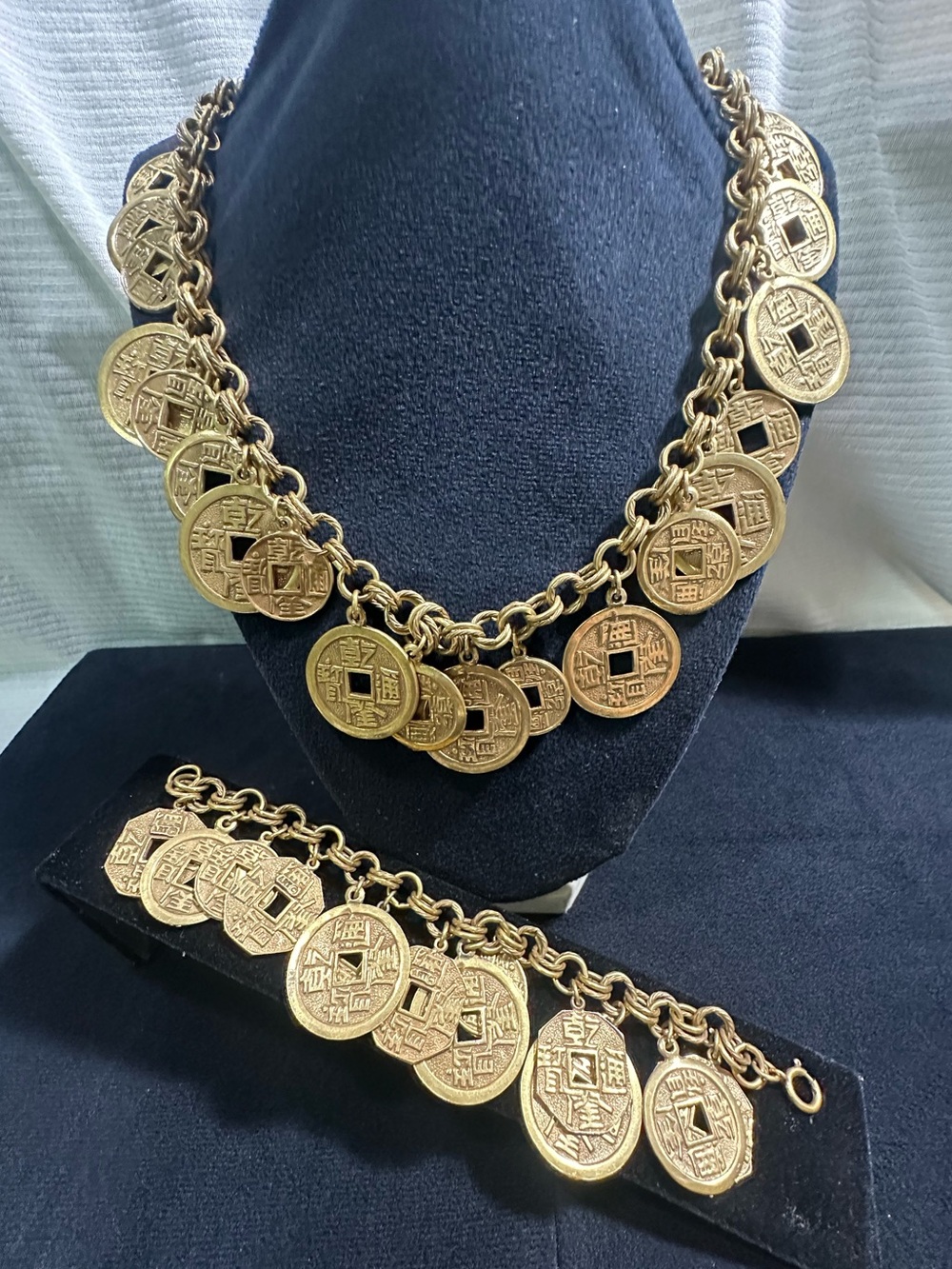 Vtg: ART Arthur Pepper-Longevity/ Prosperity Coin Charm Necklace & Bracelet Set